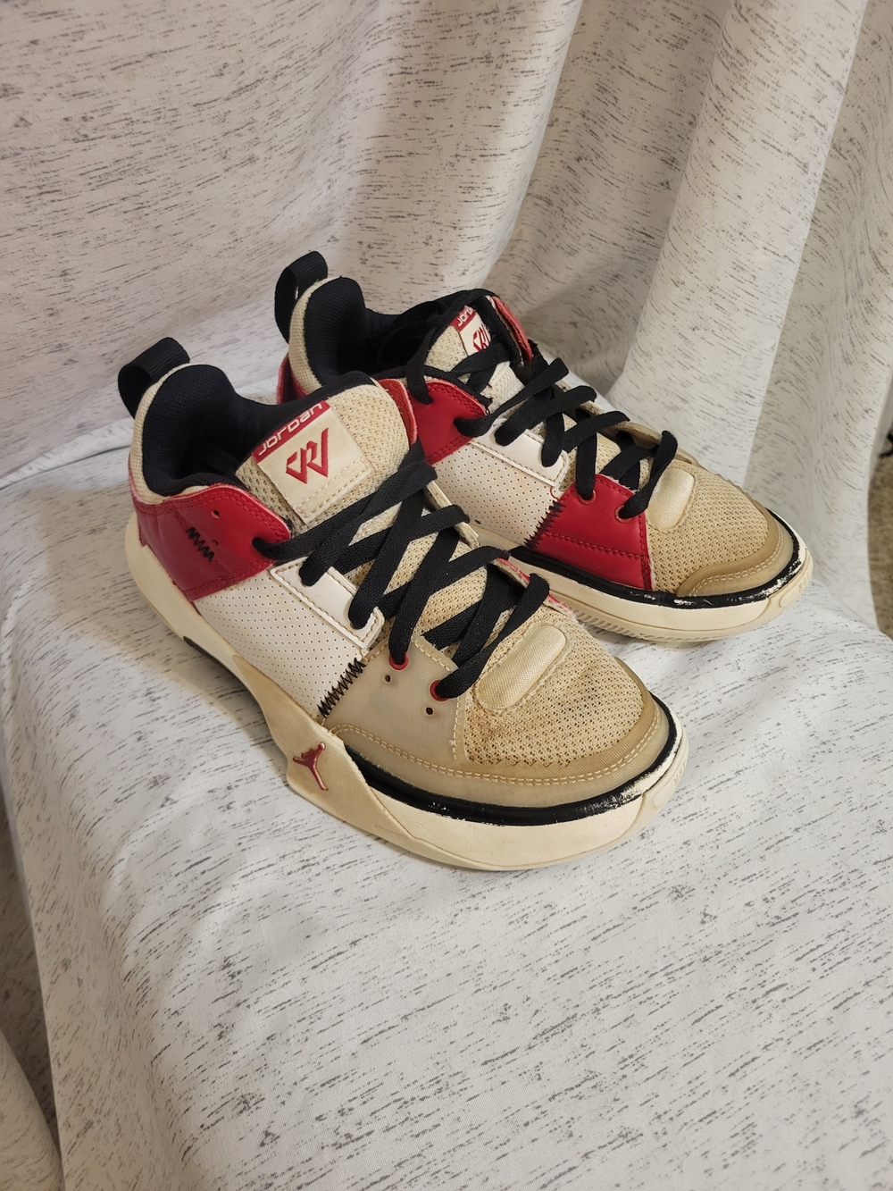 Jordan One Take 5 sneakers in white, black, and gym red Size 4Y